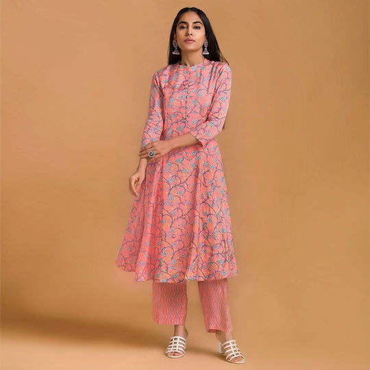 Pink Floral Viscose Muslin Kurta with Straight Pants - Cult91
