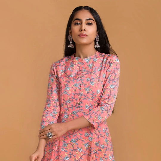 Pink Floral Viscose Muslin Kurta with Straight Pants - Cult91