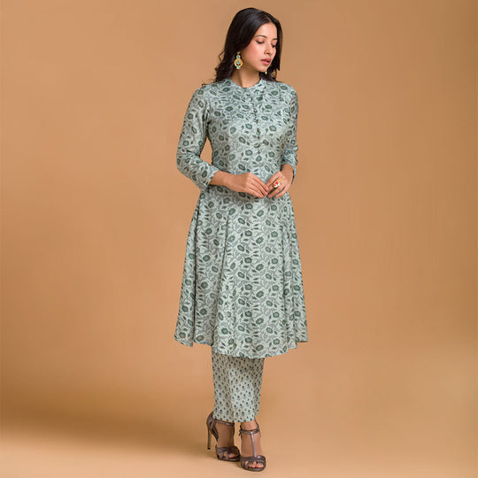 Pista Green Floral Printed Viscose Muslin Kurta With Straight Pant - Cult91