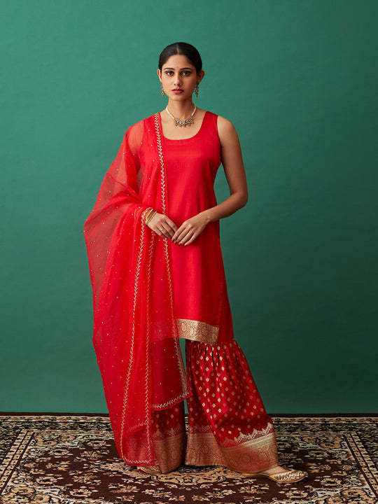 Red Banarasi Sharara Set - Cult91