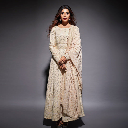 Rose Gold Lucknowi Embroidered Anarkali Gown Dupatta Set - Cult91