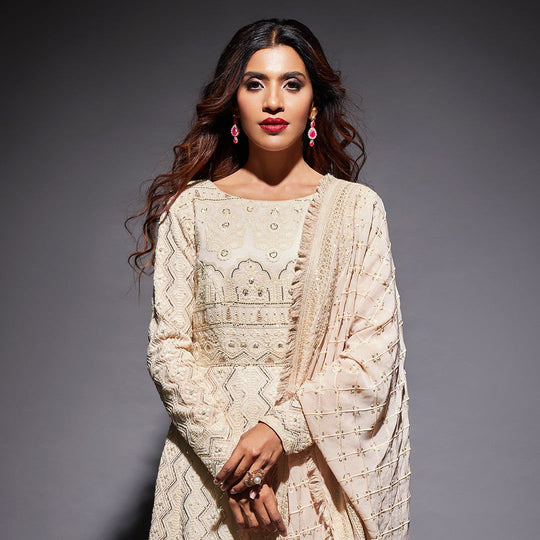 Rose Gold Lucknowi Embroidered Anarkali Gown Dupatta Set - Cult91