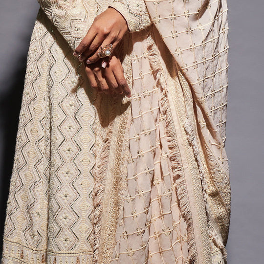 Rose Gold Lucknowi Embroidered Anarkali Gown Dupatta Set - Cult91