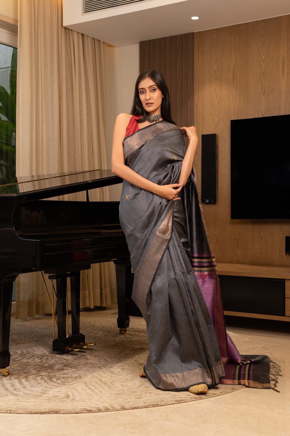 Grey Tussar Handloom Saree