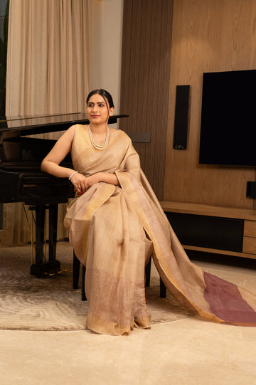 Beige Tussar Handloom Saree