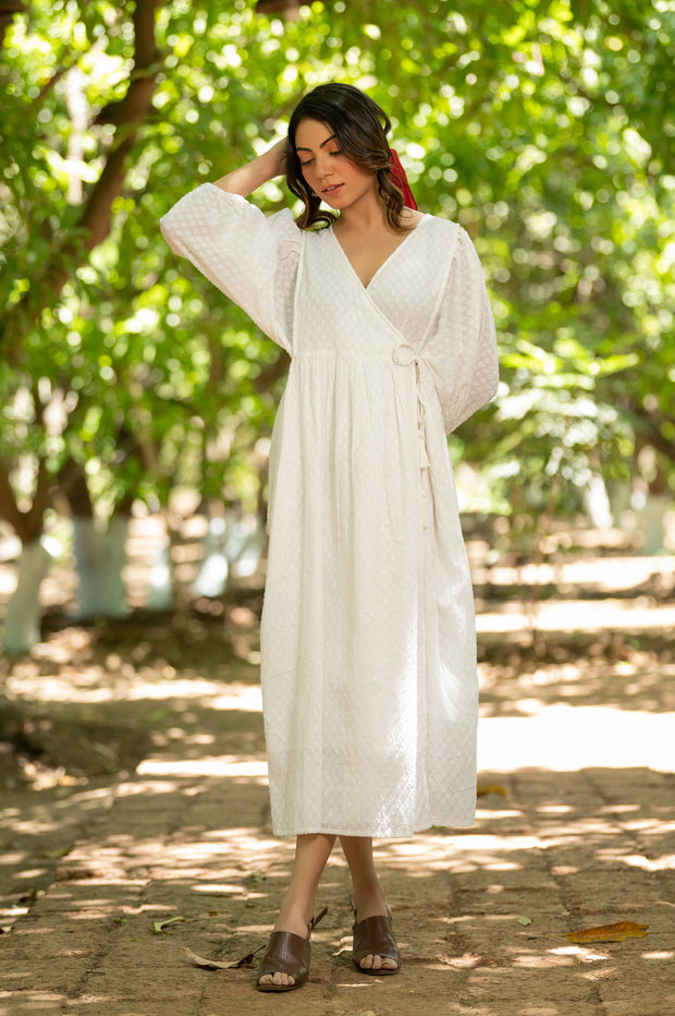 White Dobby Wrap dress