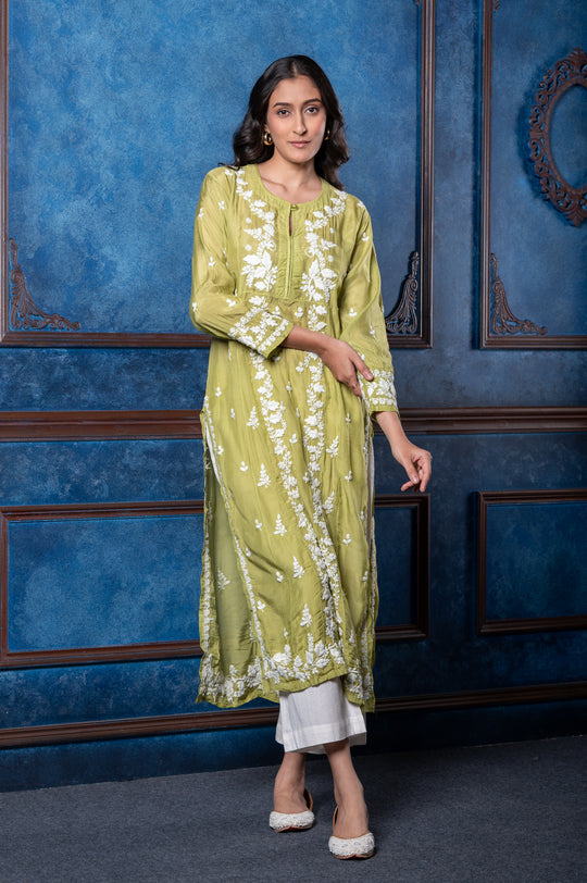 CHIKANKARI OLIVE GREEN COTTON SILK KURTA