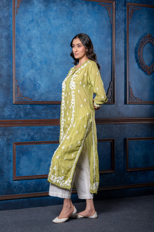 CHIKANKARI OLIVE GREEN COTTON SILK KURTA