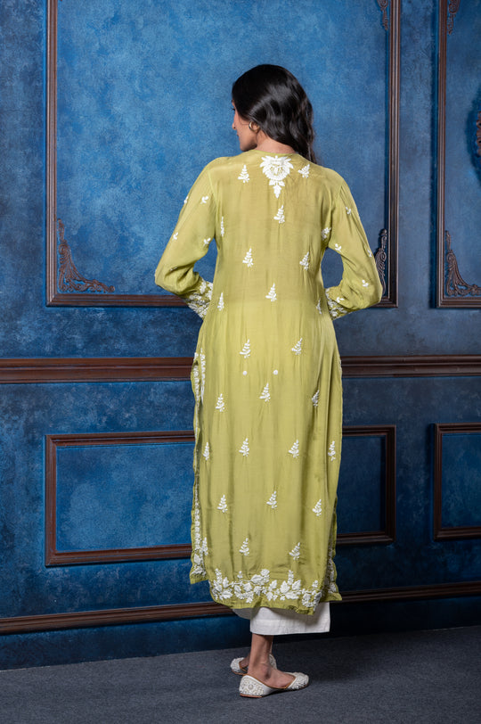 CHIKANKARI OLIVE GREEN COTTON SILK KURTA