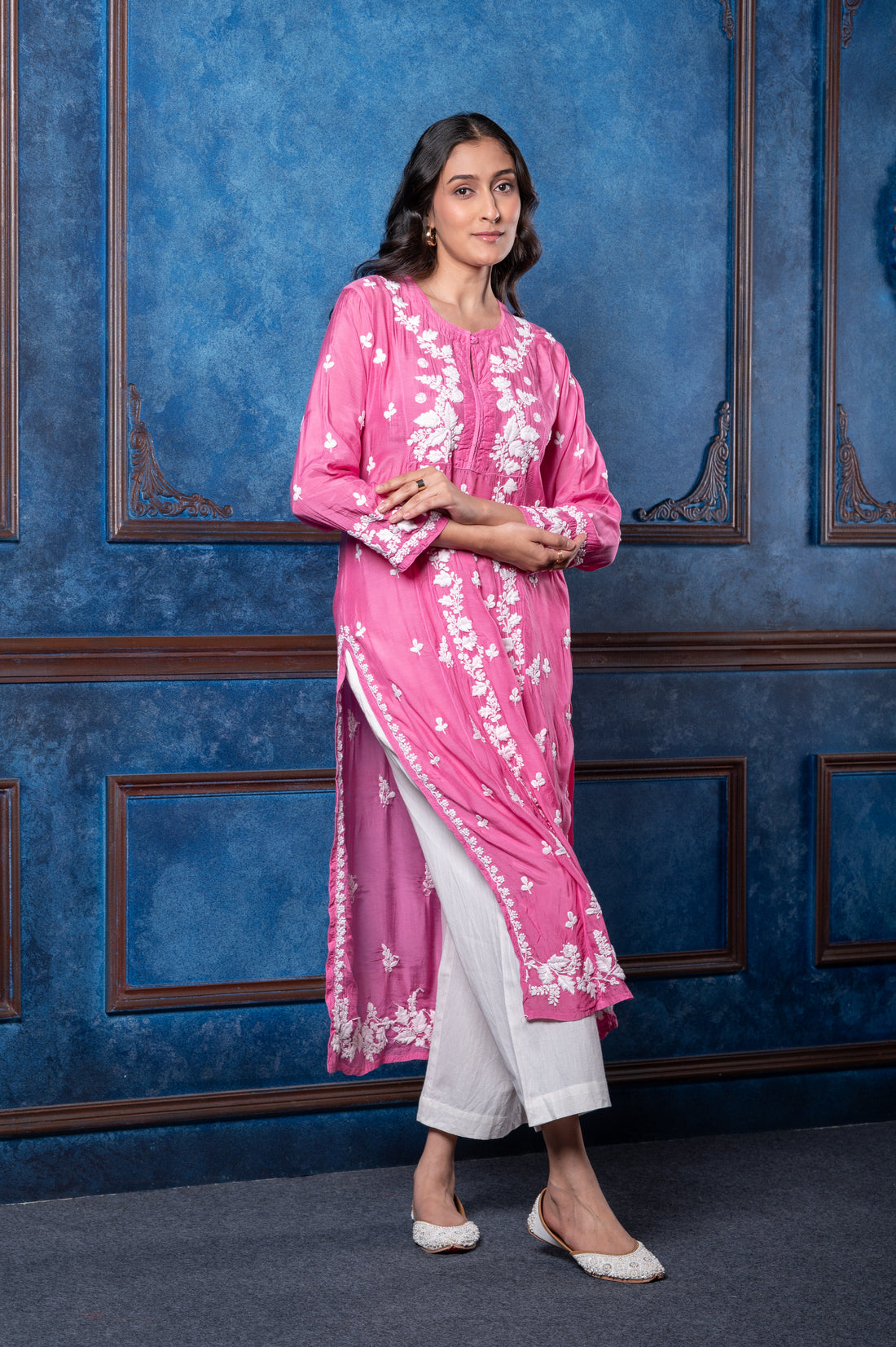 Chikankari Fuchsia Cotton Silk Kurta