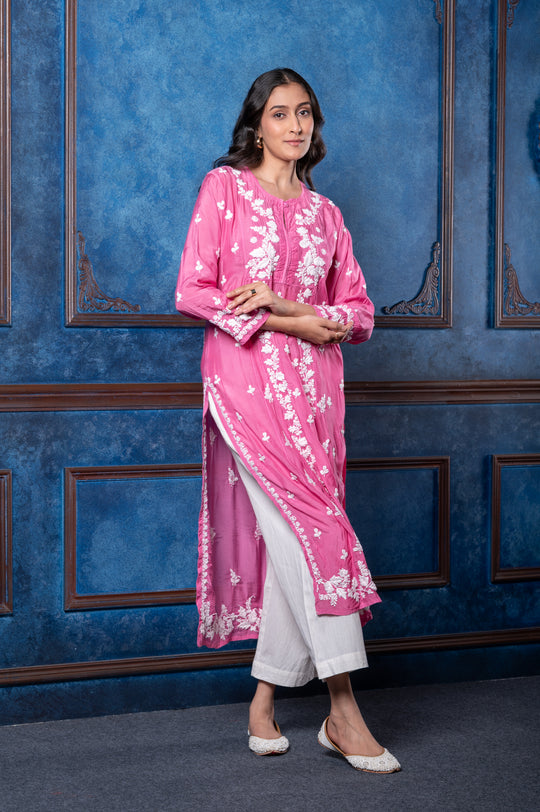 CHIKANKARI FUCHSIA COTTON SILK KURTA