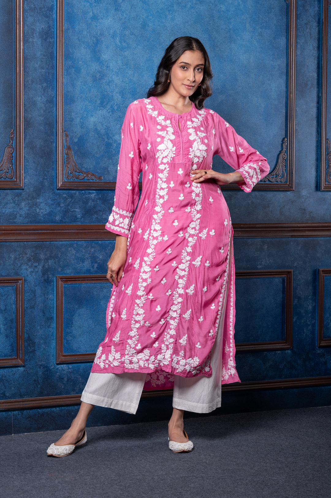 CHIKANKARI FUCHSIA COTTON SILK KURTA