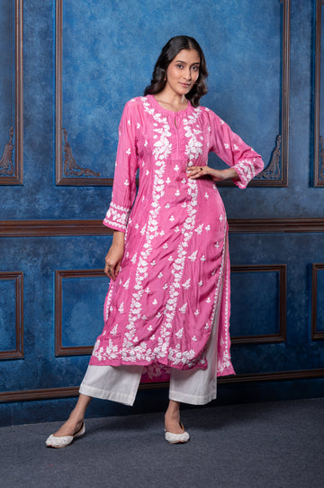 Chikankari Fuchsia Cotton Silk Kurta