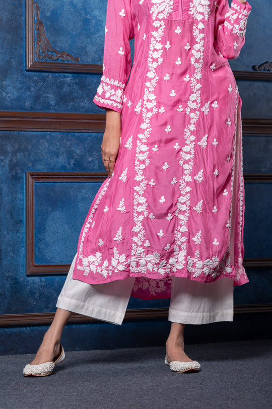 CHIKANKARI FUCHSIA COTTON SILK KURTA