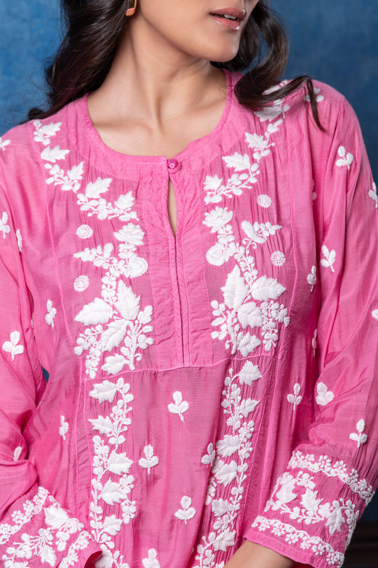 CHIKANKARI FUCHSIA COTTON SILK KURTA