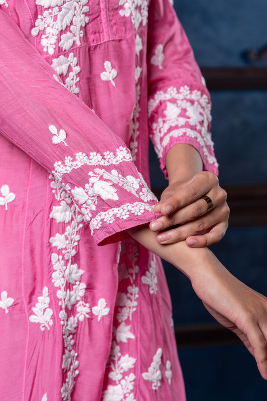 CHIKANKARI FUCHSIA COTTON SILK KURTA