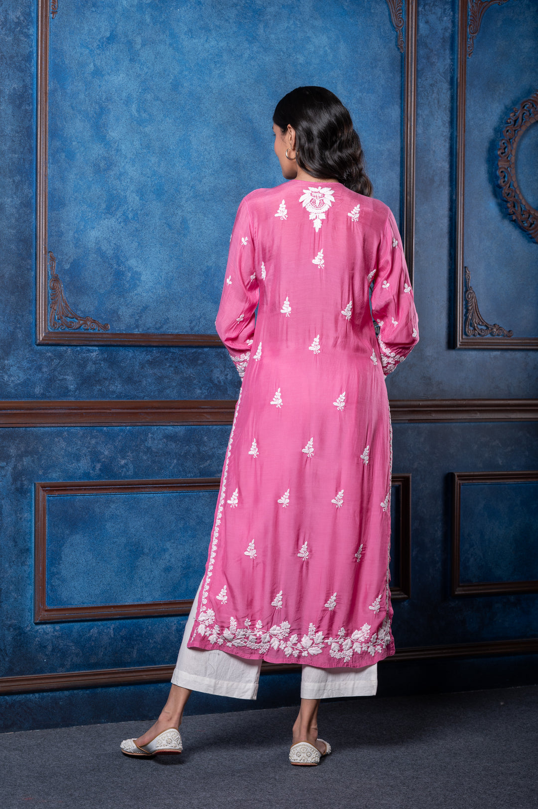 CHIKANKARI FUCHSIA COTTON SILK KURTA