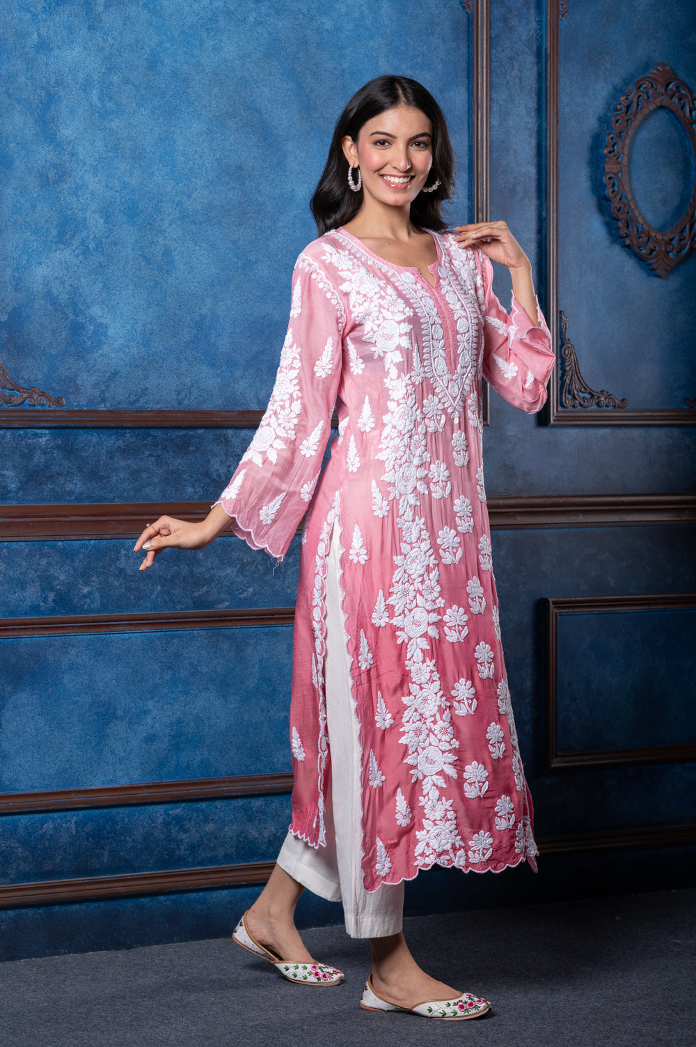 CHIKANKARI PINK OMBRE COTTON SILK KURTA