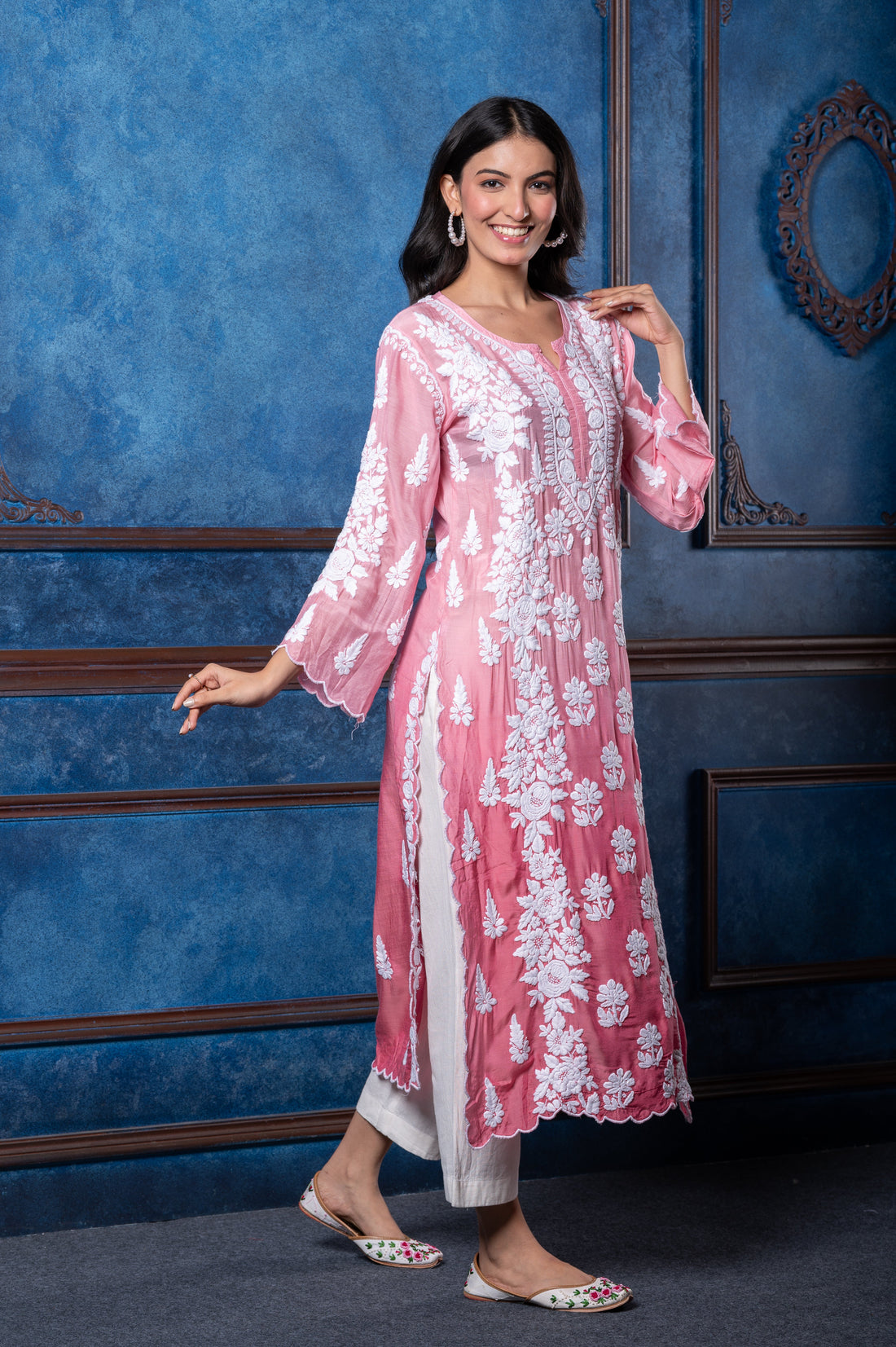Chikankari Pink Ombre Cotton Silk Kurta