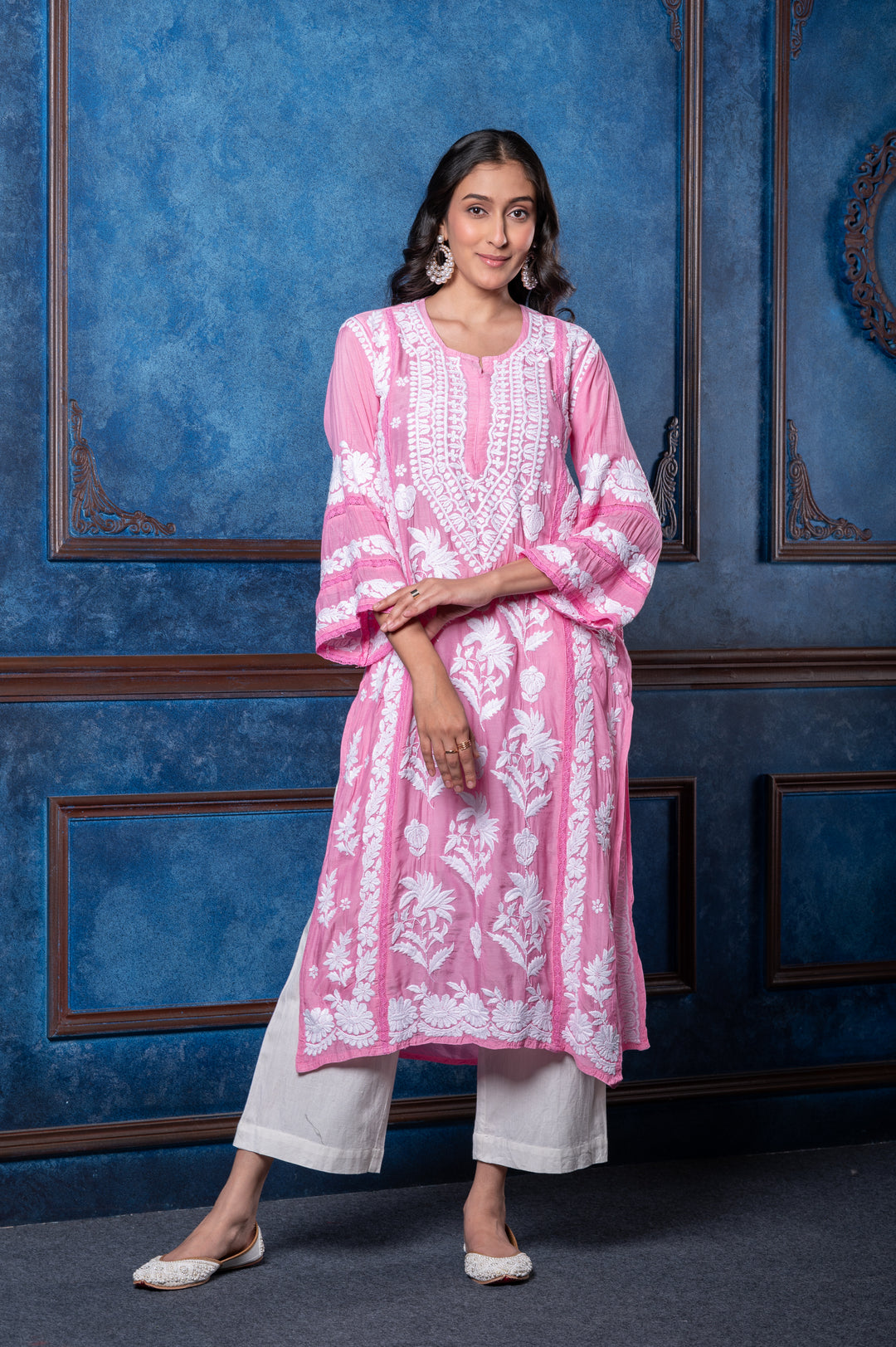 CHIKANKARI SALMON PINK COTTON SILK KURTA