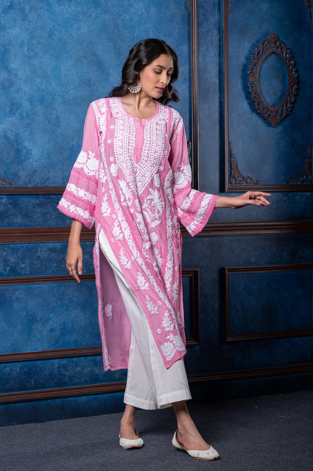 Chikankari Salmon Pink Cotton Silk Kurta