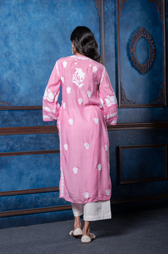 CHIKANKARI SALMON PINK COTTON SILK KURTA