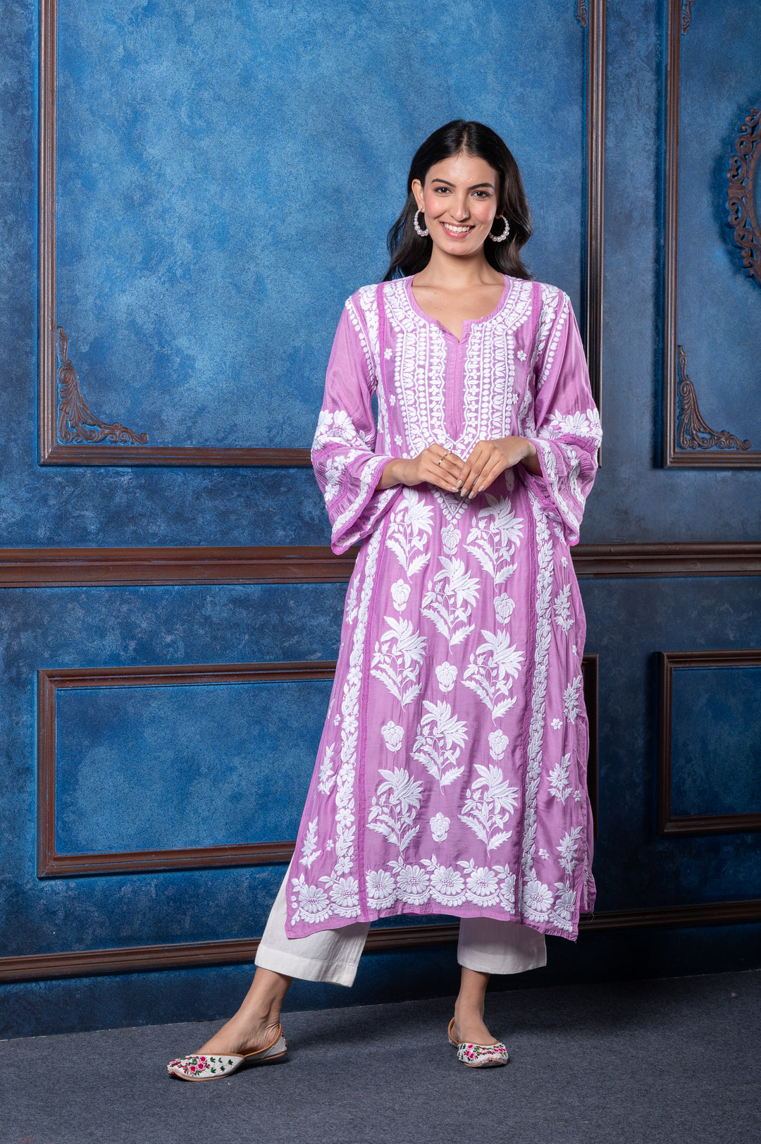 CHIKANKARI LILAC COTTON SILK KURTA