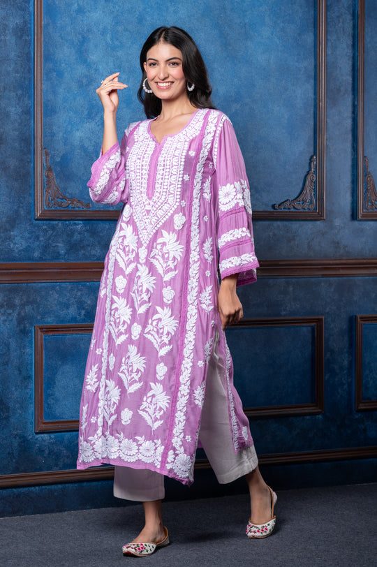 CHIKANKARI LILAC COTTON SILK KURTA