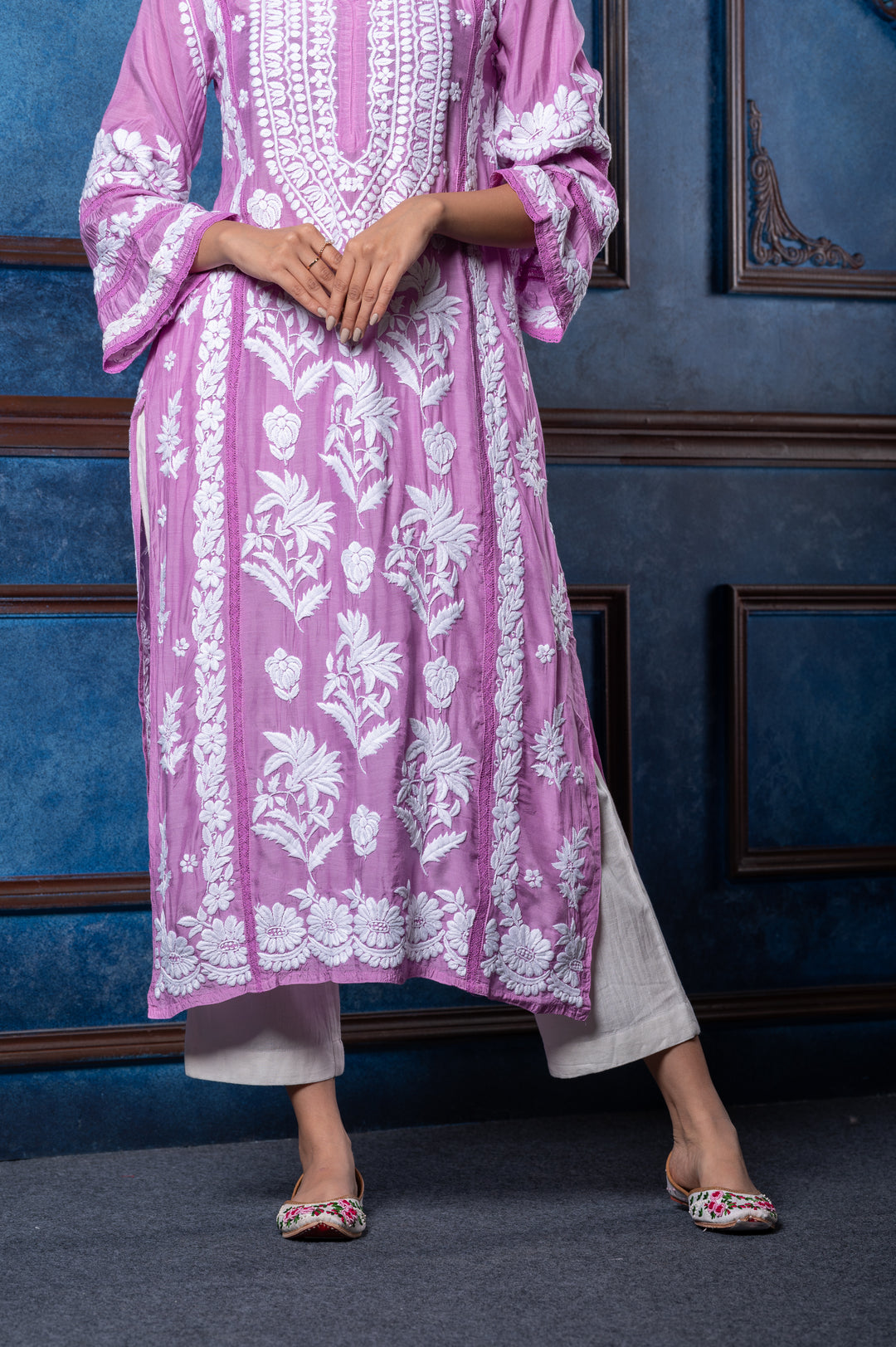 CHIKANKARI LILAC COTTON SILK KURTA