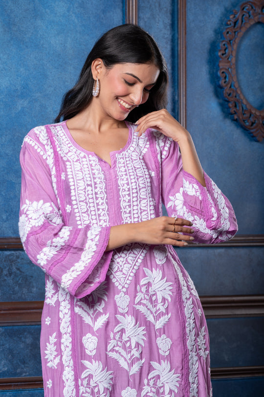 CHIKANKARI LILAC COTTON SILK KURTA