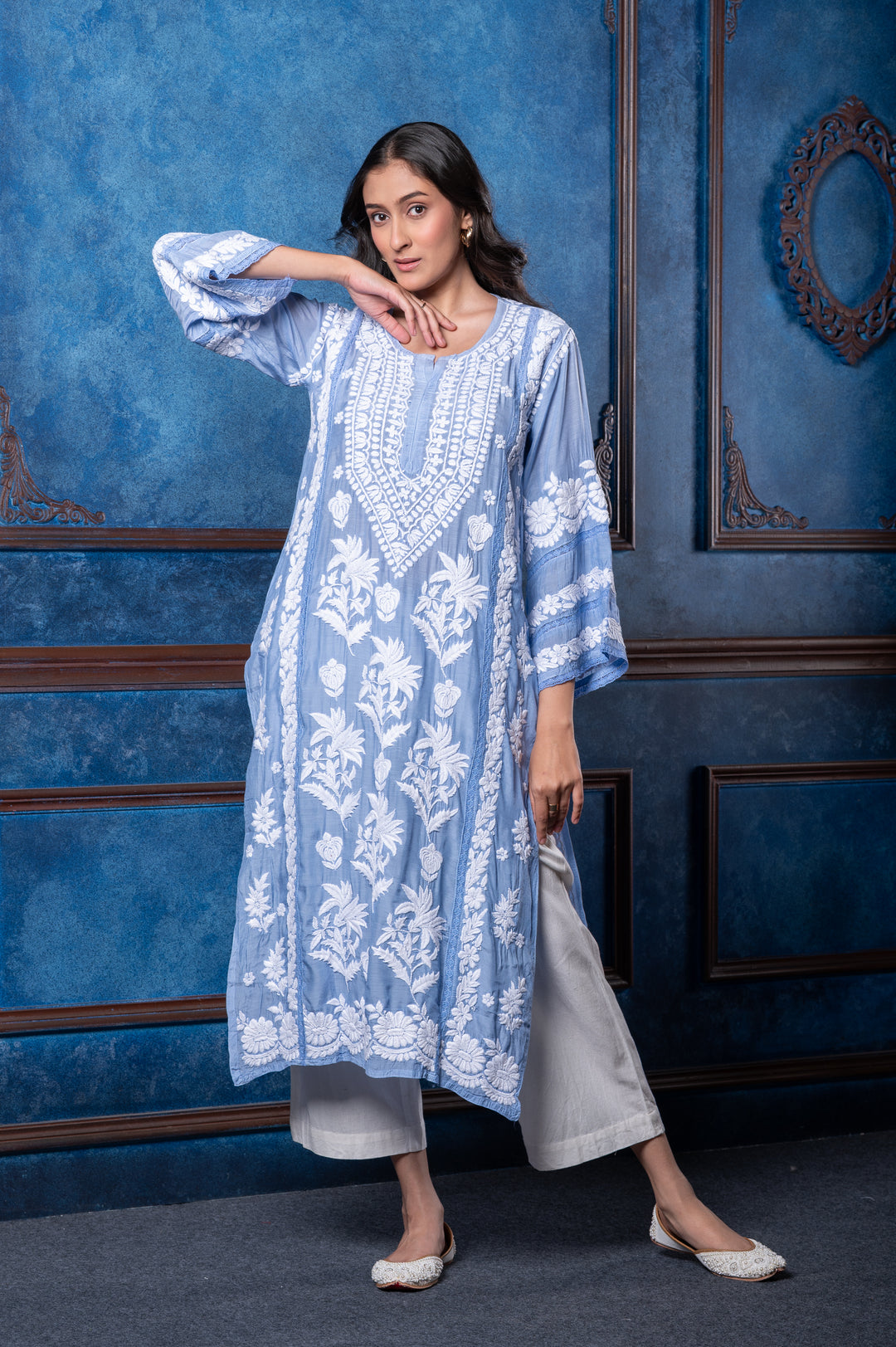 CHIKANKARI SKY BLUE COTTON SILK KURTA