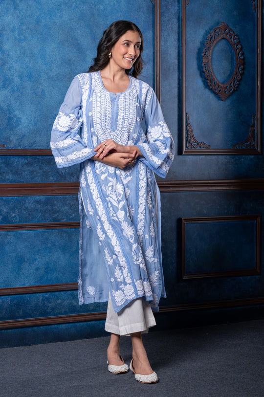 CHIKANKARI SKY BLUE COTTON SILK KURTA