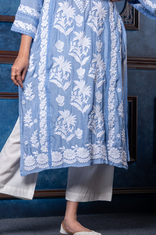 CHIKANKARI SKY BLUE COTTON SILK KURTA