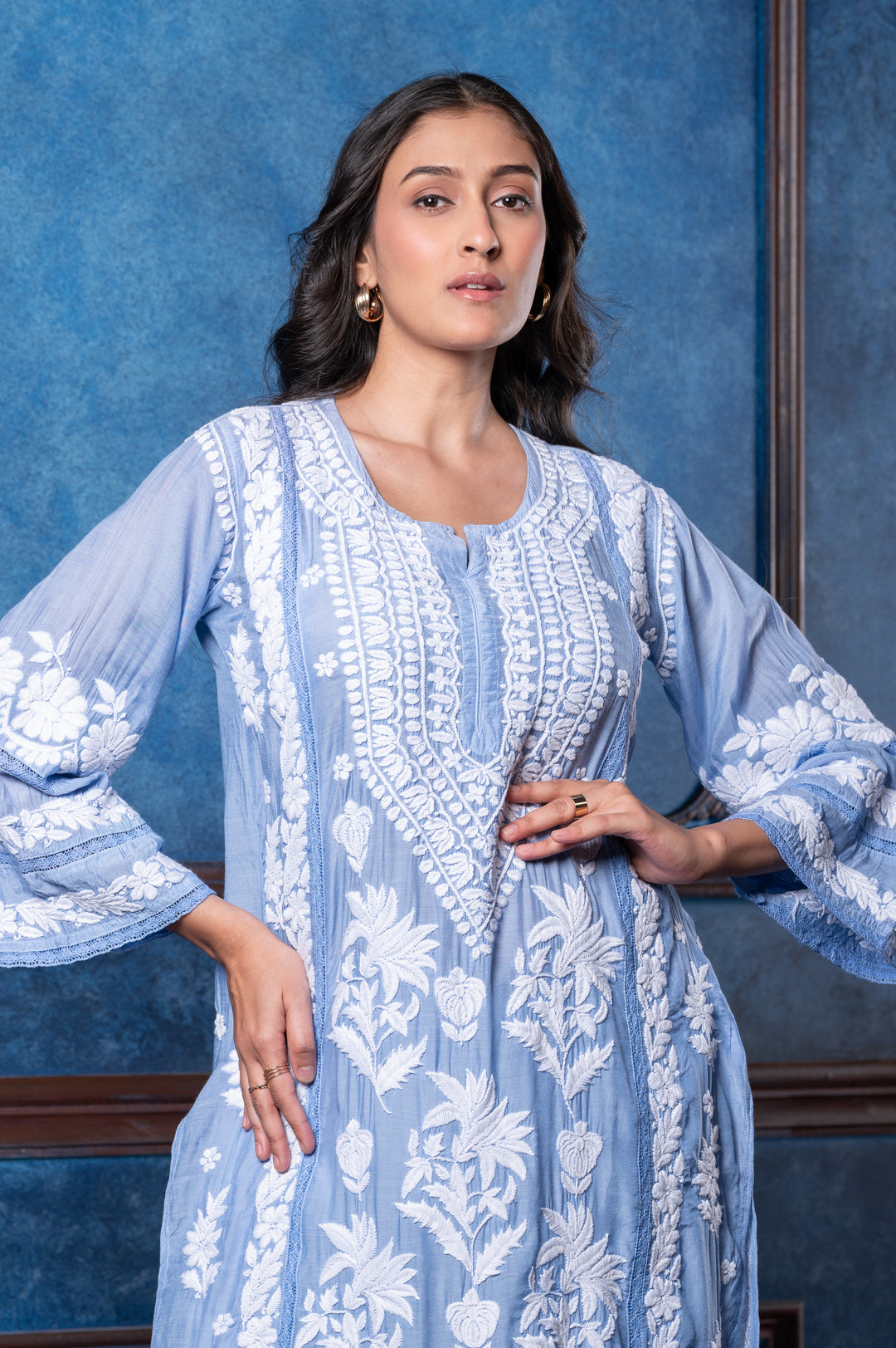 CHIKANKARI SKY BLUE COTTON SILK KURTA