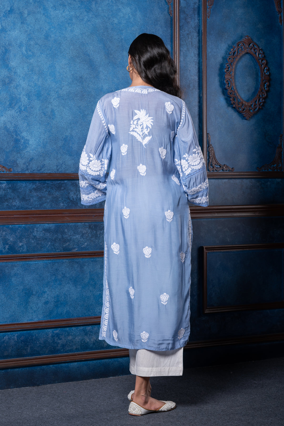 CHIKANKARI SKY BLUE COTTON SILK KURTA