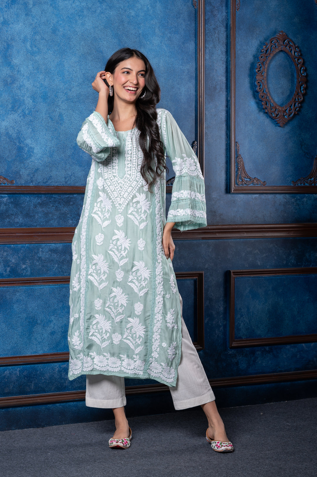 CHIKANKARI MINT GREEN COTTON SILK KURTA