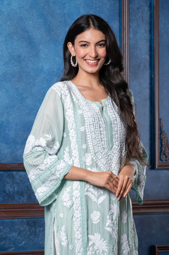 CHIKANKARI MINT GREEN COTTON SILK KURTA