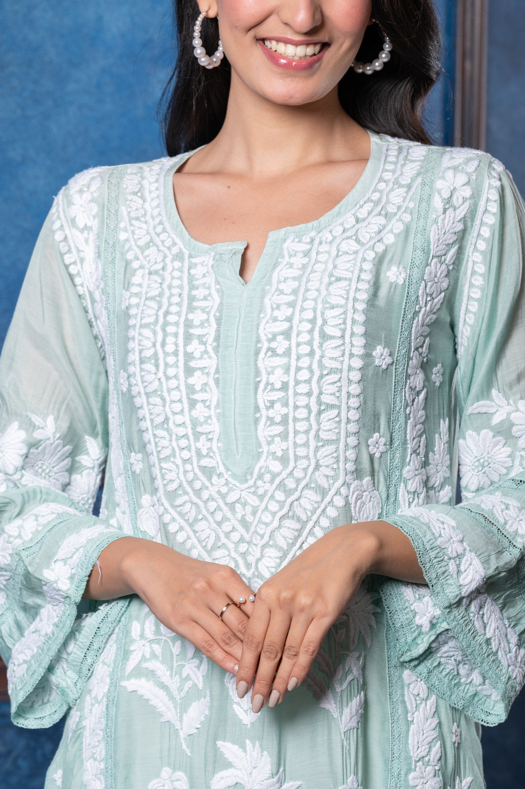 CHIKANKARI MINT GREEN COTTON SILK KURTA