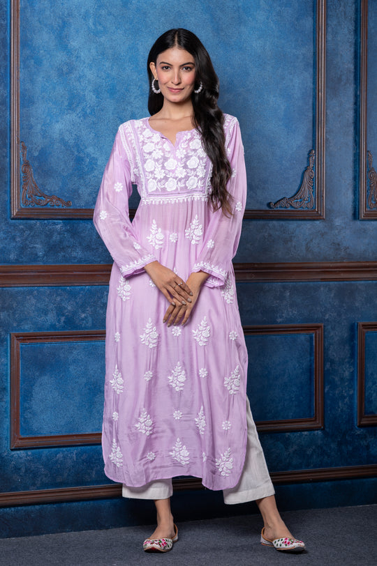 CHIKANKARI LAVENDER COTTON SILK KURTA