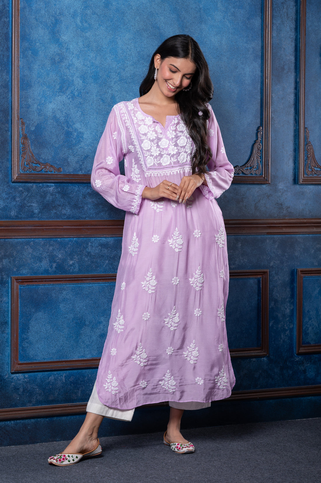 Chikankari Lavender Cotton Silk Kurta