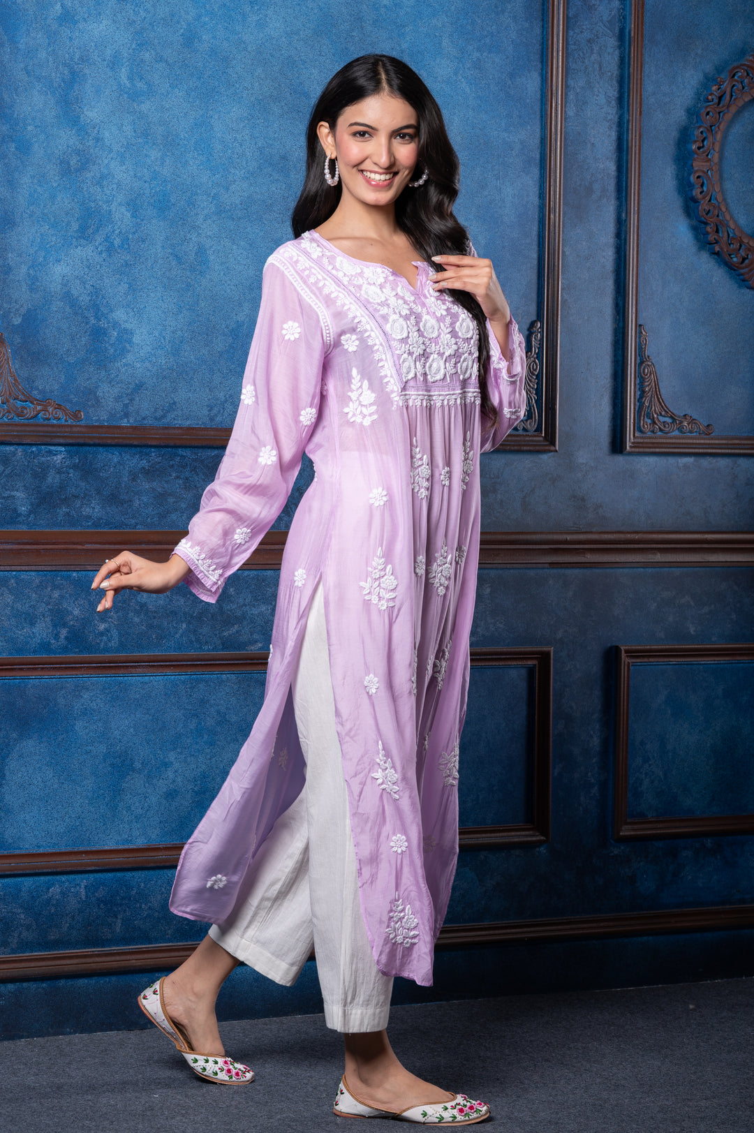 CHIKANKARI LAVENDER COTTON SILK KURTA