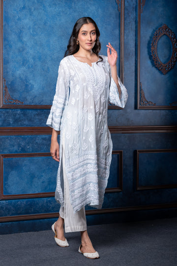 Chikankari Light Blue Cotton Silk Kurta