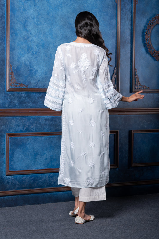 CHIKANKARI LIGHT BLUE COTTON SILK KURTA