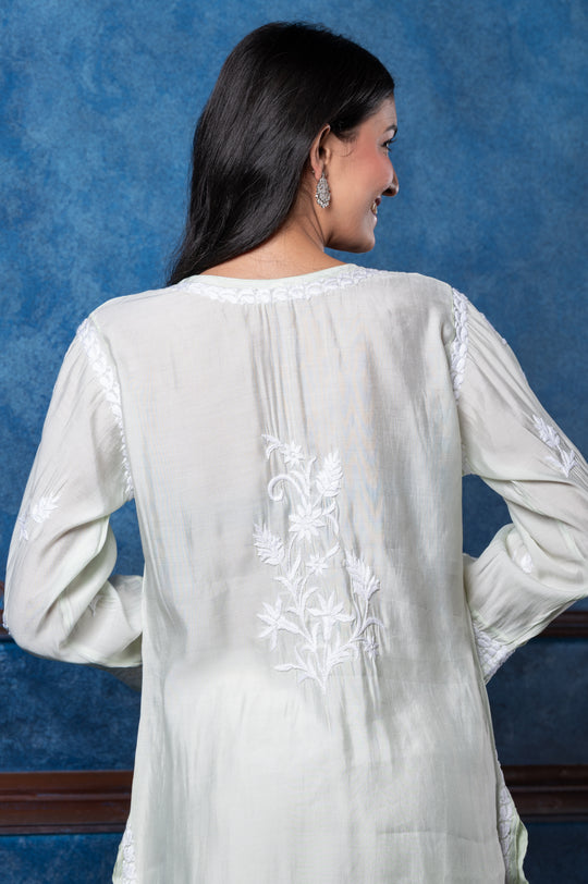 CHIKANKARI LIGHT GREEN COTTON SILK KURTA