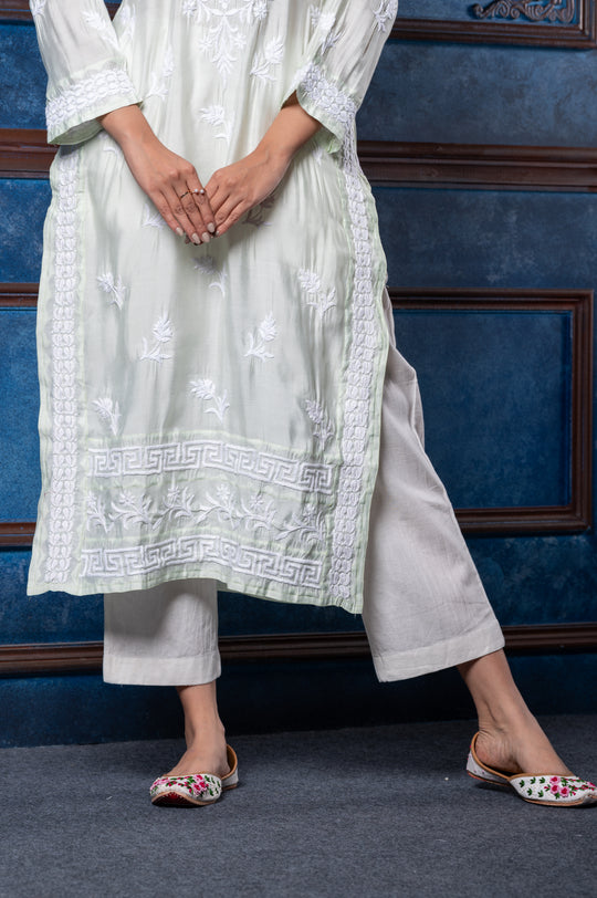 CHIKANKARI LIGHT GREEN COTTON SILK KURTA