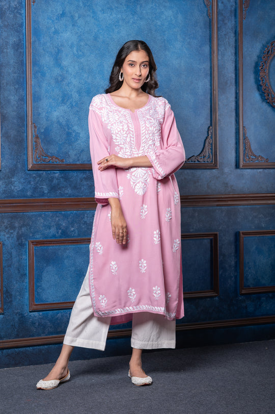 CHIKANKARI DUSTY ROSE COTTON SILK KURTA