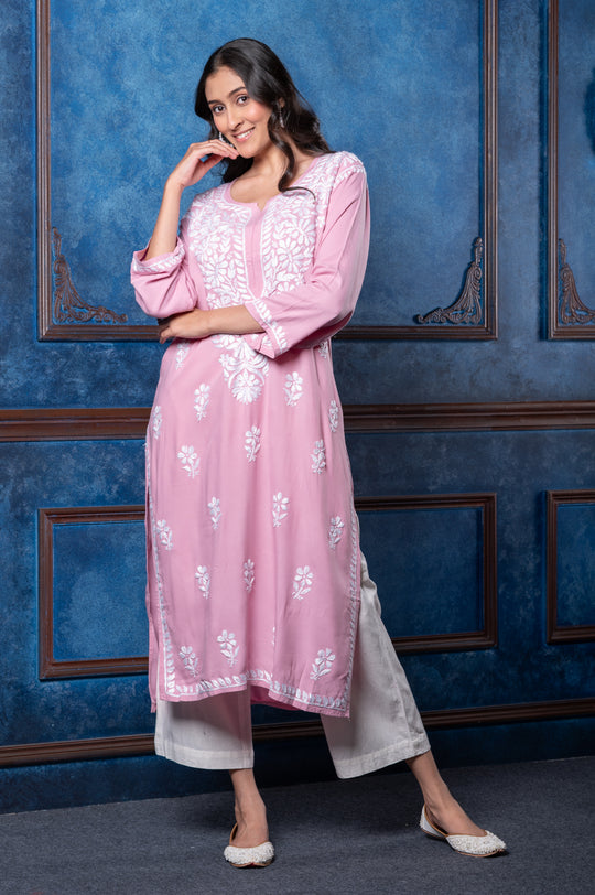 CHIKANKARI DUSTY ROSE COTTON SILK KURTA