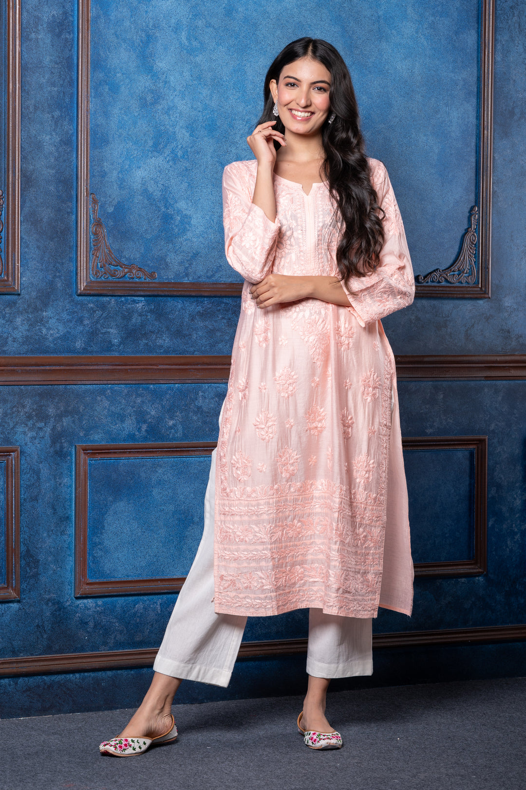 CHIKANKARI PEACH COTTON SILK KURTA