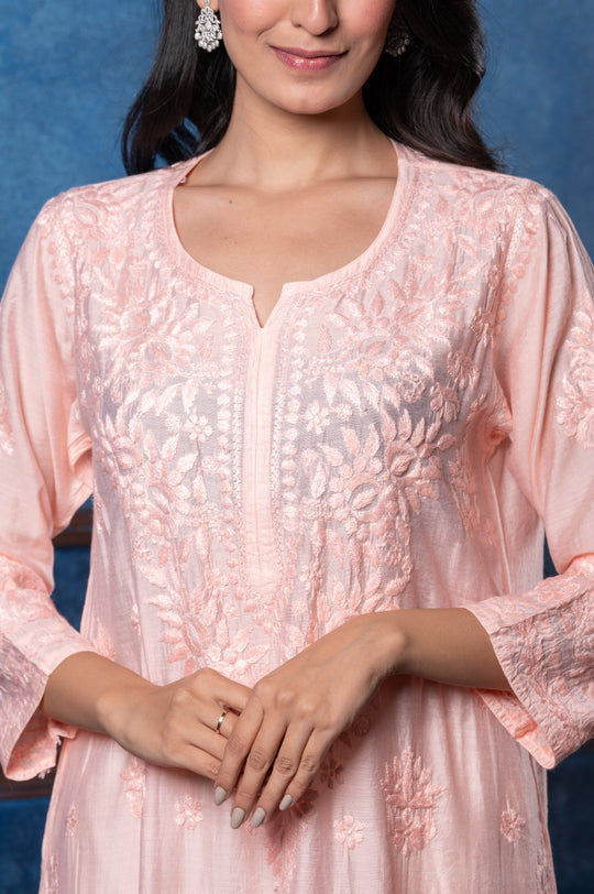 CHIKANKARI PEACH COTTON SILK KURTA