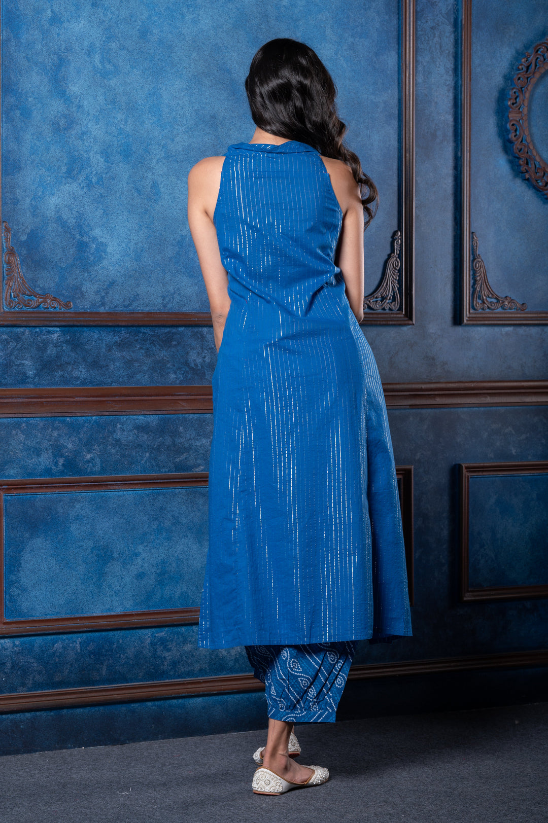 Women's Afgani Halter Neck Blue Suit Set